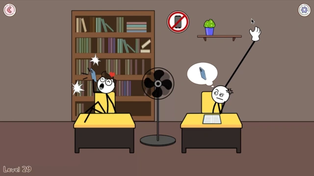 The thief stretching an arm toward a potted plant in a library puzzle, with a no-phone sign and a guard nearby