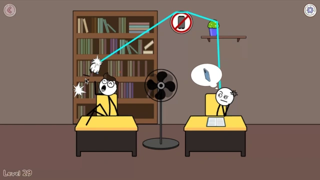 Planned route shown in blue, curving from the bookshelf over the no-phone sign and down to the target phone