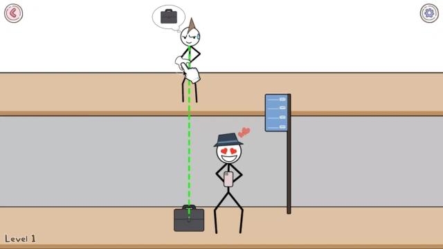 Tutorial on Level 1 of Thief Puzzle showing a dashed green line running straight down from the thief to a briefcase on the pavement below